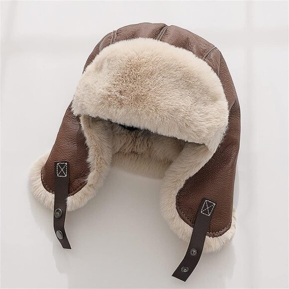 Men’s Winter Trapper Hat Leather Aviator Ushanka Bomber Cap Faux Fur Ear Flaps - Picture 5 of 9